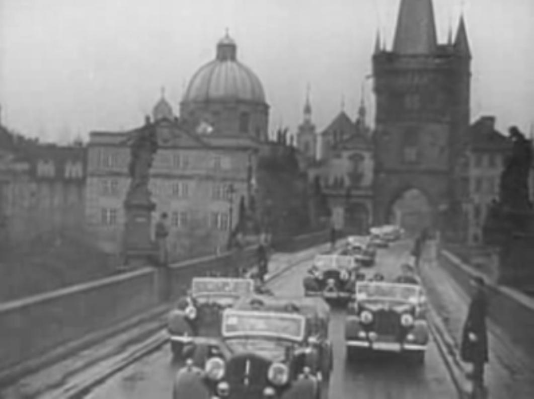 Photograph of Hitler's cavalcade on the Charles Bridge 1939