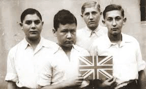 Photograph of Jerry Herszberg front and centre with Polek Gasfreund (Paul Gast), right; and Felix Berger, left.