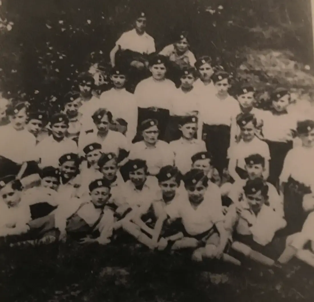 Photograph of Mukačevo Hebrew Gymnasium 1938. Note the caps with the Ten Commandments on. Meir Stern is in the picture.
