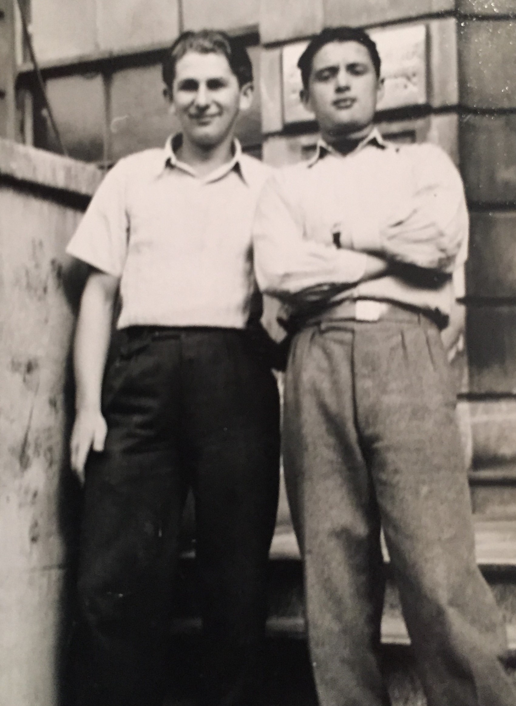 Photograph of Baruch Pollak,left & Michael Bandell outside the Jews Temprary Shelter London, UK, c. 1946-7.