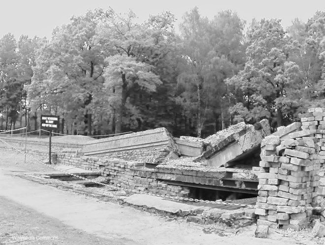 Photograph of a former gas chamber at the Auschwitz Memorial and Museum in Poland.
