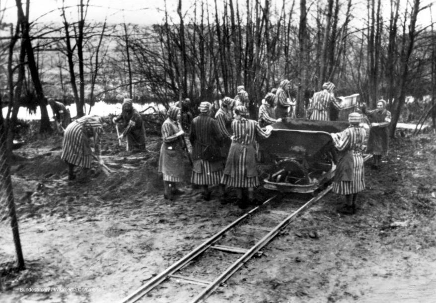 Photograph of slave labourers in the Ravensbruck concentration camp in Germany.