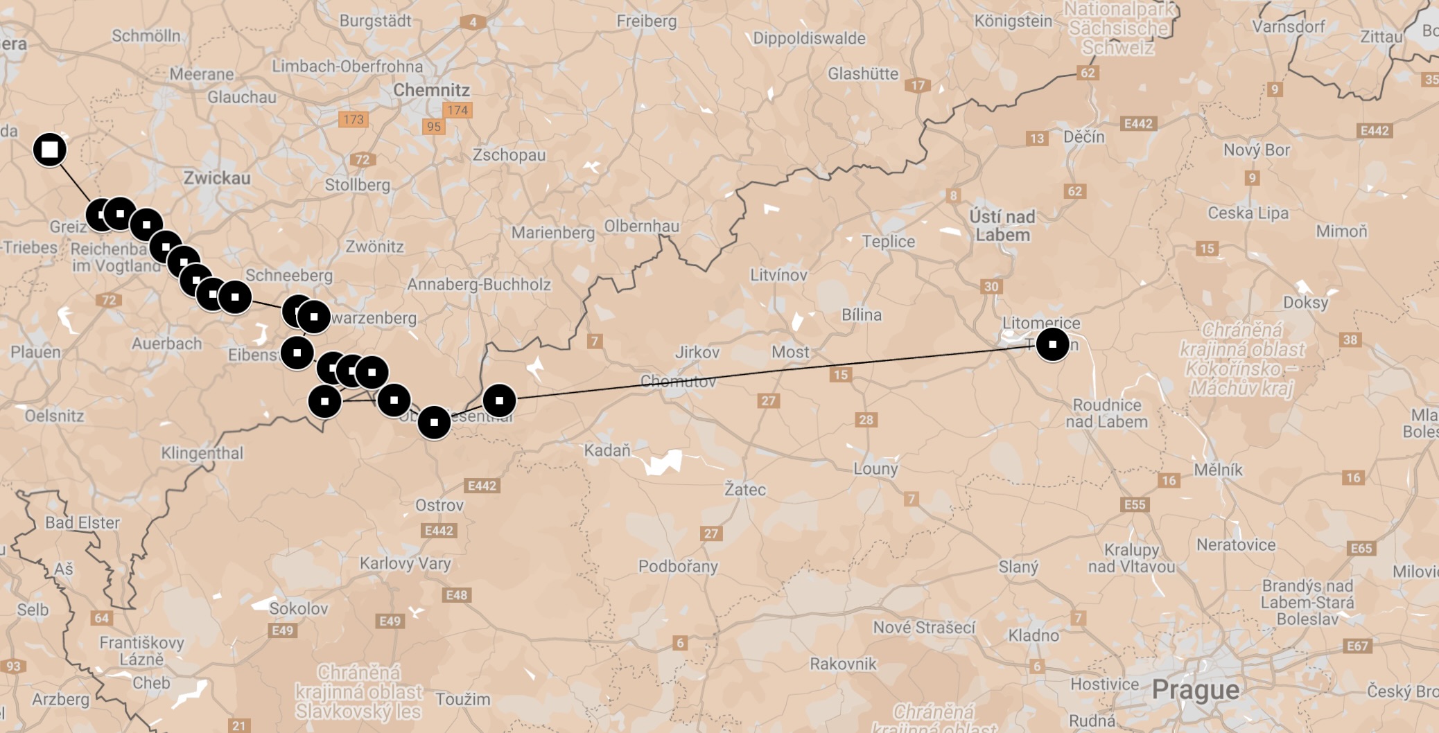 Map of Death March Berga-an-de-Elster to Theresienstadt.