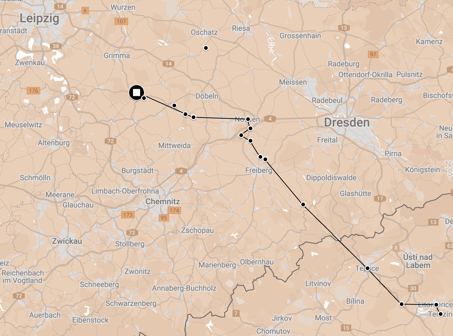 Map of Death March Colditz-Theresienstadt.
