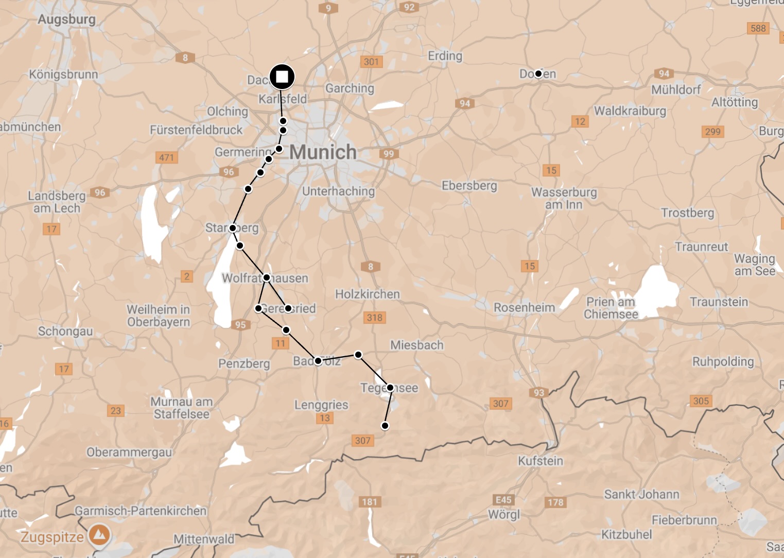 Map of Death March from Dachau to Otztal.