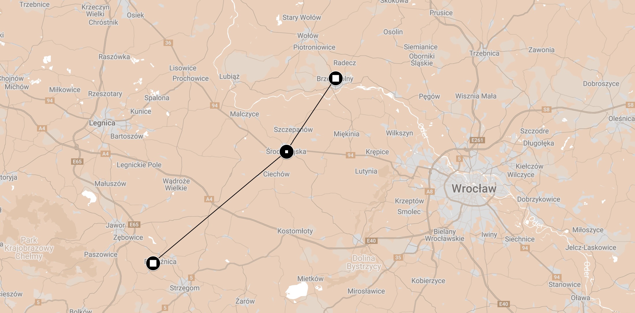 Map of Death March Dyhernfurth to Gross Rosen.