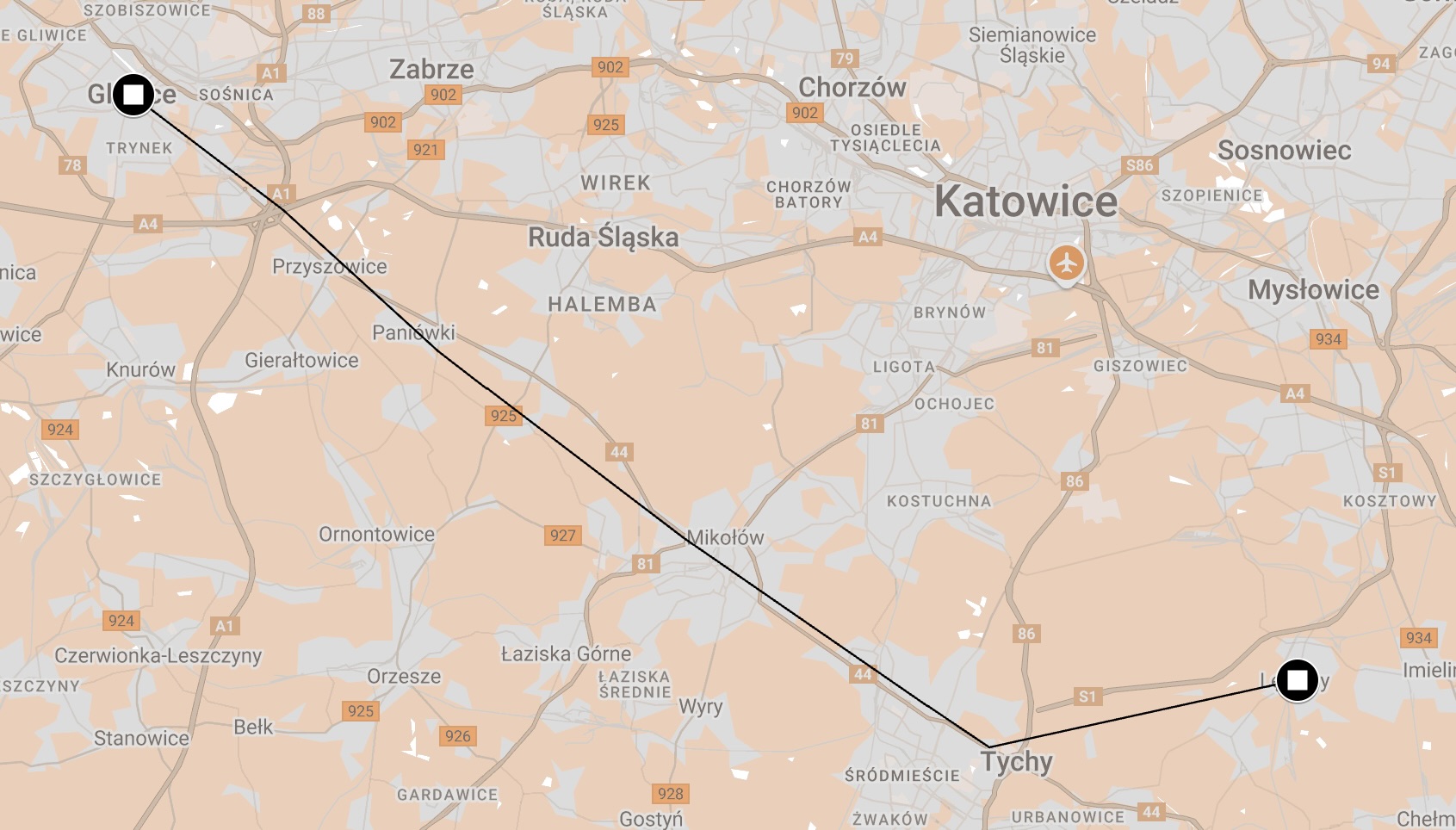 Map of Death March Gunthergrube to Gleiwitz.