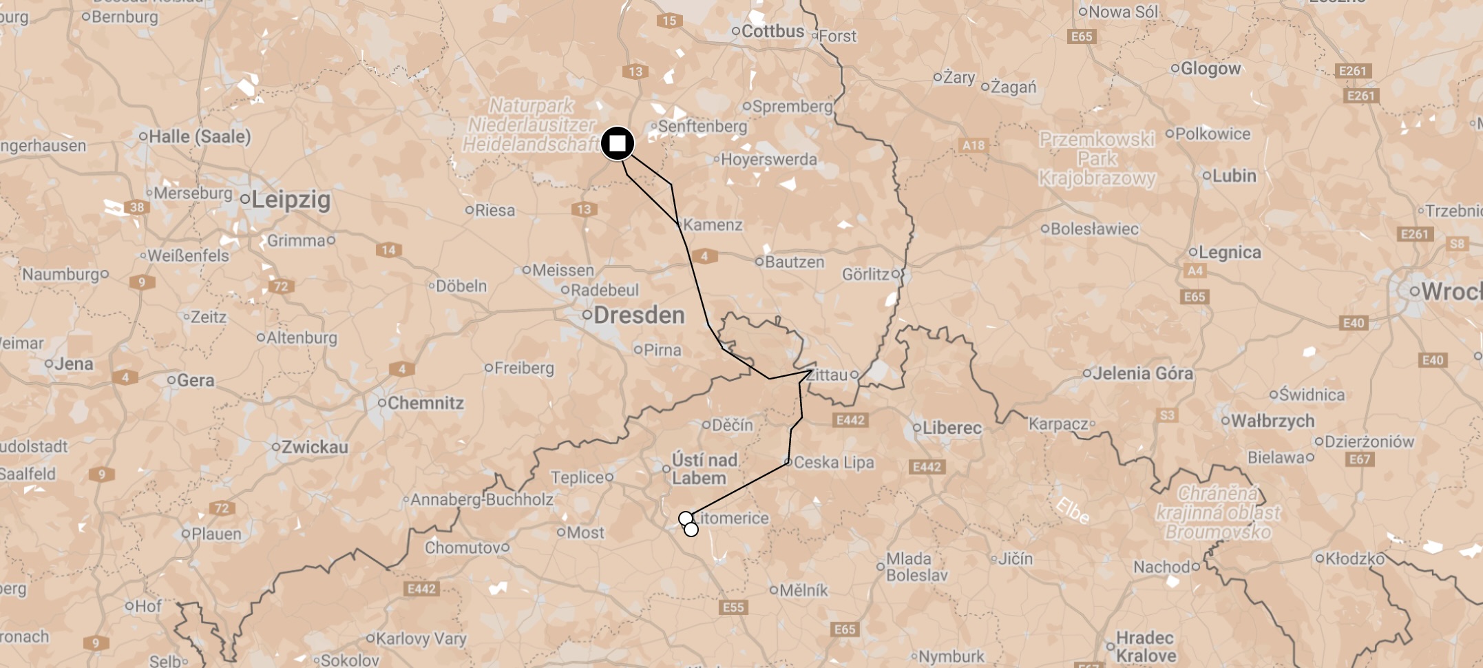 Map of Death March from Schwarzheide to Theresienstadt.