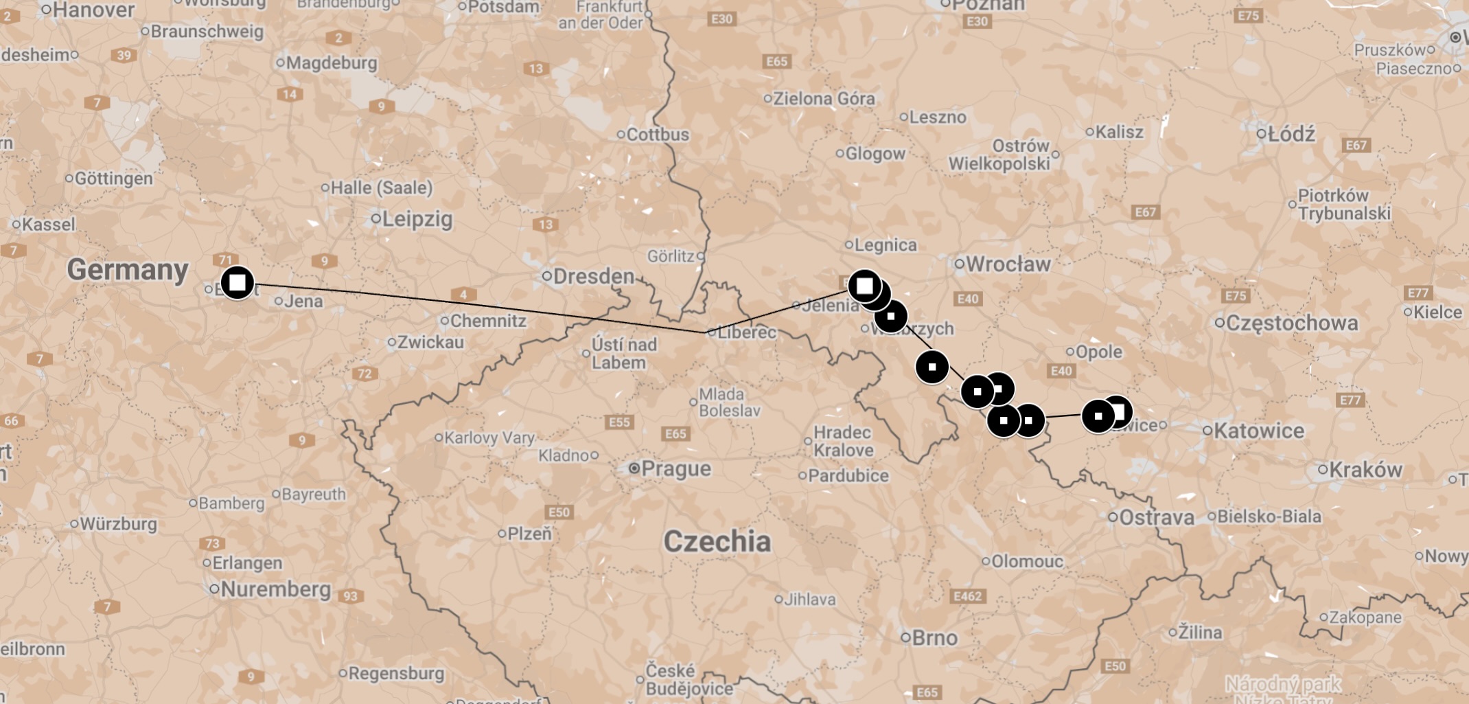 Map of Death March/Train Blechammer-Buchenwald.