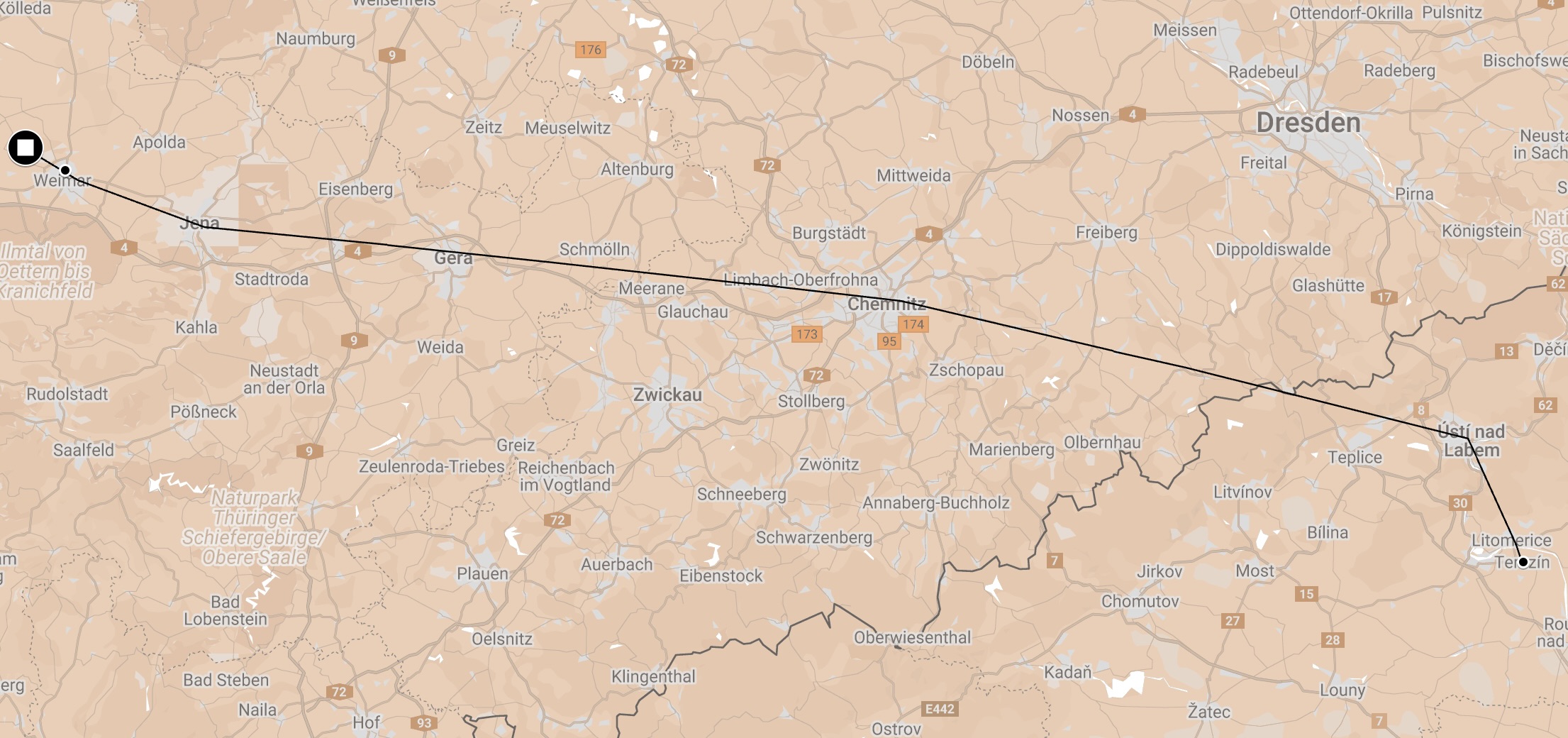 Map of Death Train Buchenwald-Theresienstadt (the exact route the train travelled for three weeks is not known).