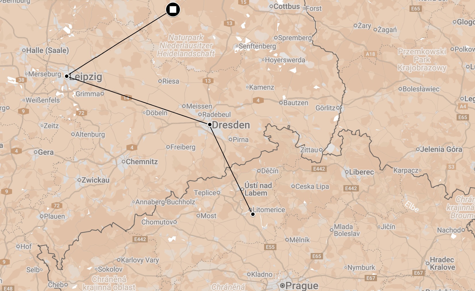 Map of Death Train Schlieben-Berga to Theresienstadt.