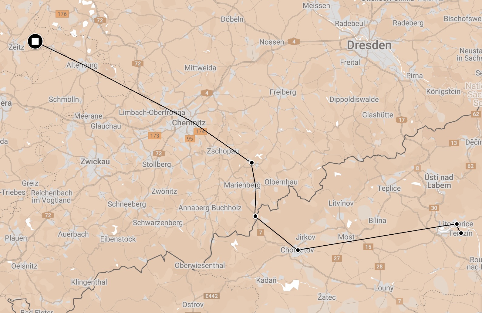 Map of Death Train/March Rehmsdorf-Troglitz to Theresienstadt.