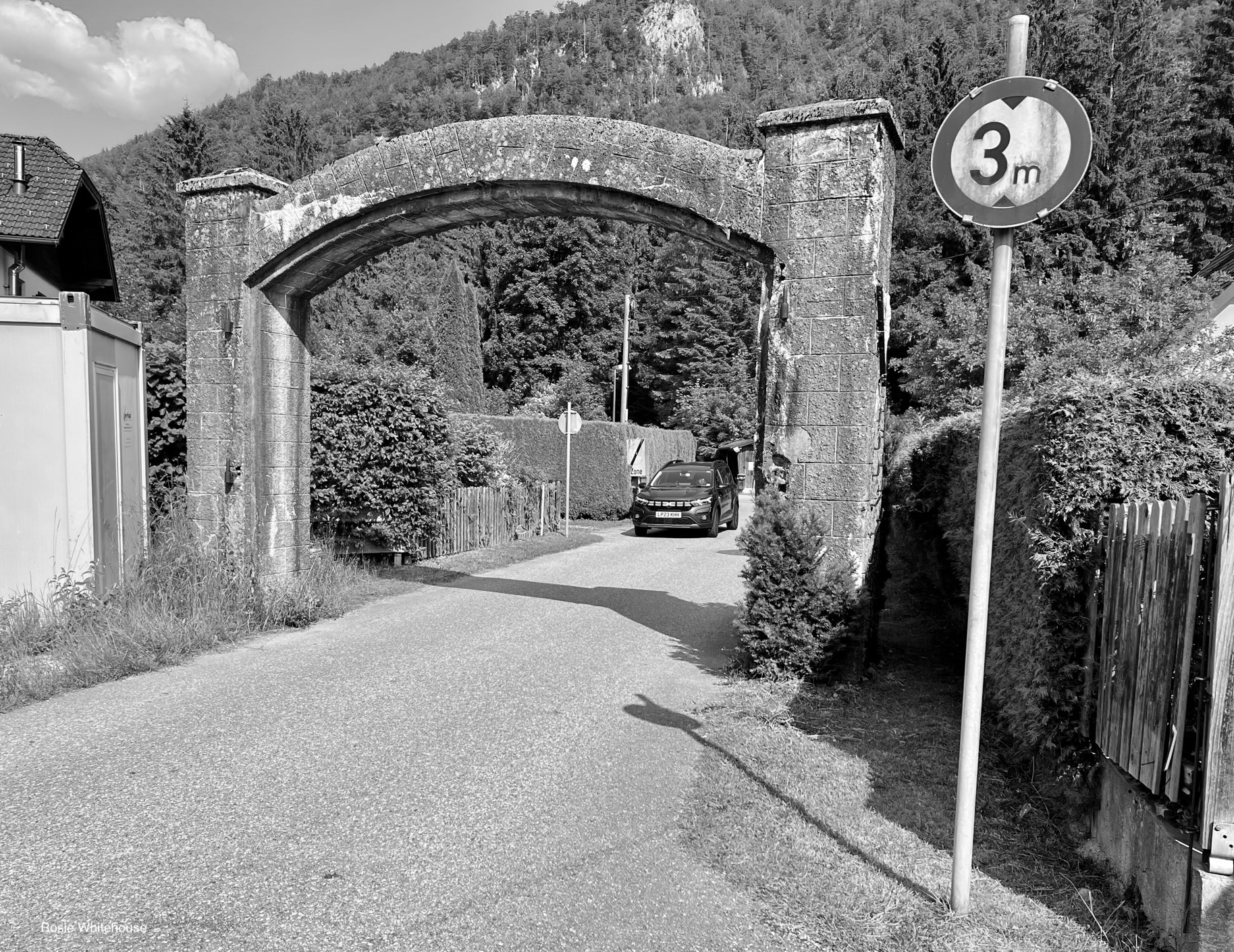 Photograph of the gate to the former Ebensee Concentration Camp, Austria.