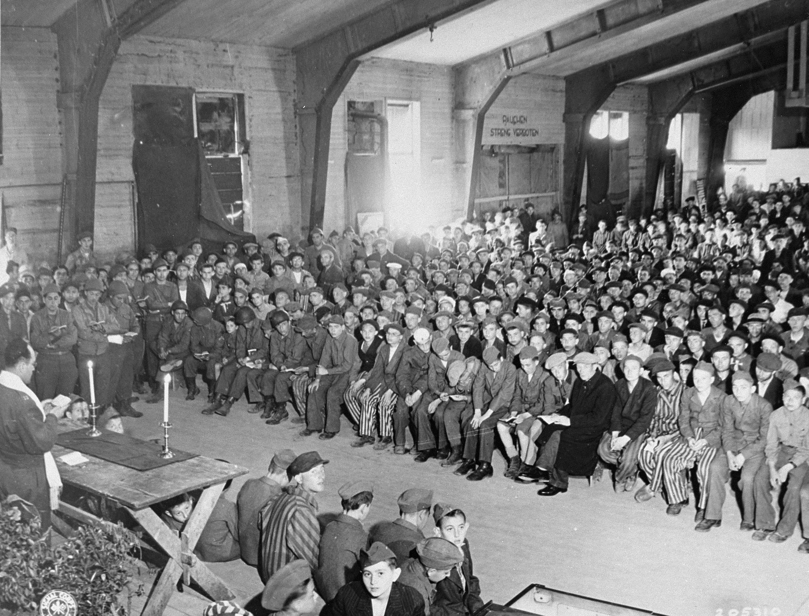 Photograph of the Shavuot service in Buchenwald just after liberation 1945.