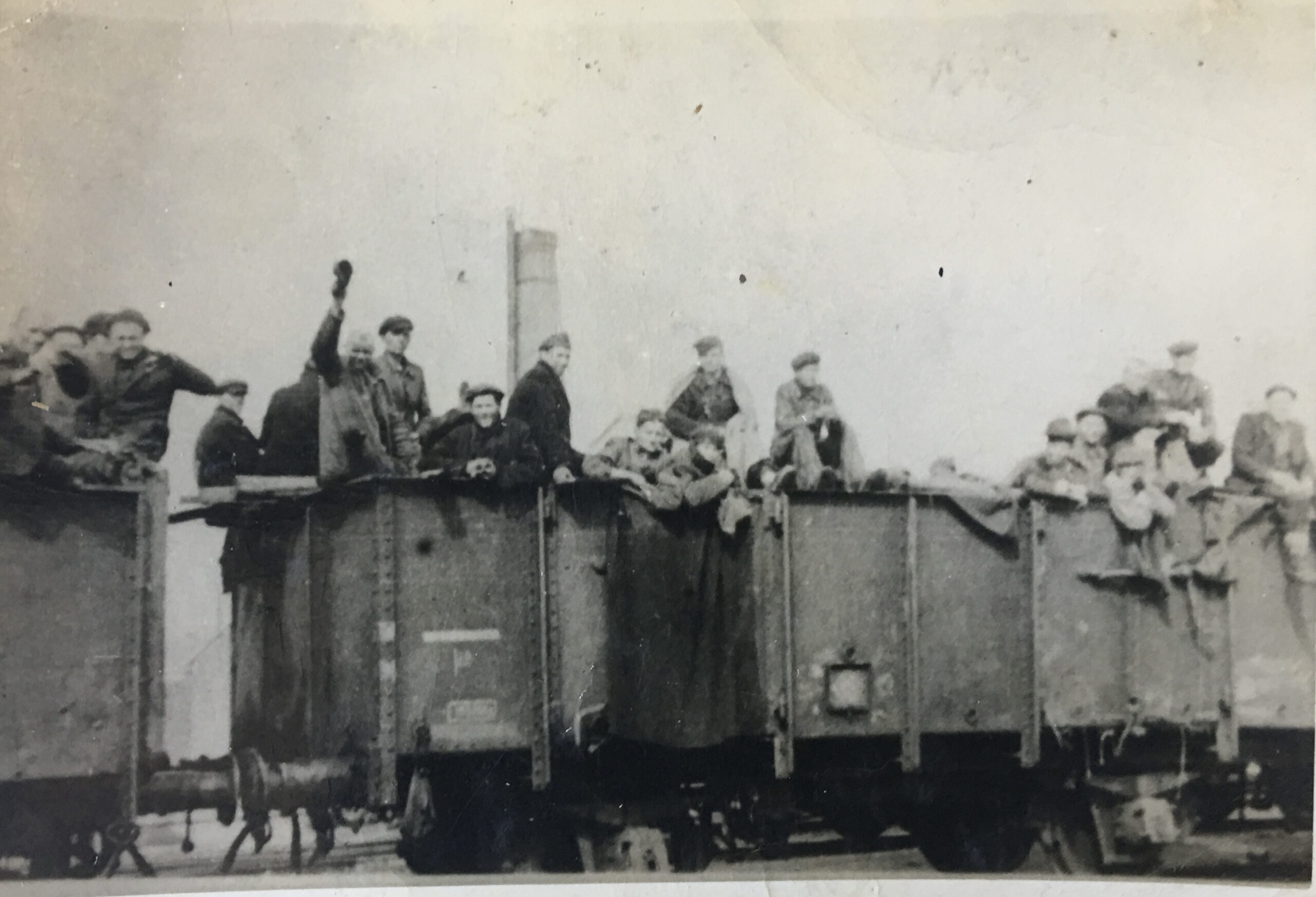Photograph of the death train from Buchenwald to Theresienstadt at liberation 8 May 1945.