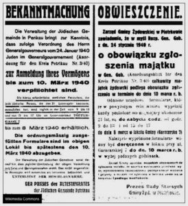 Photograph of an announcement from the Piotrkow Ghetto, 1940.