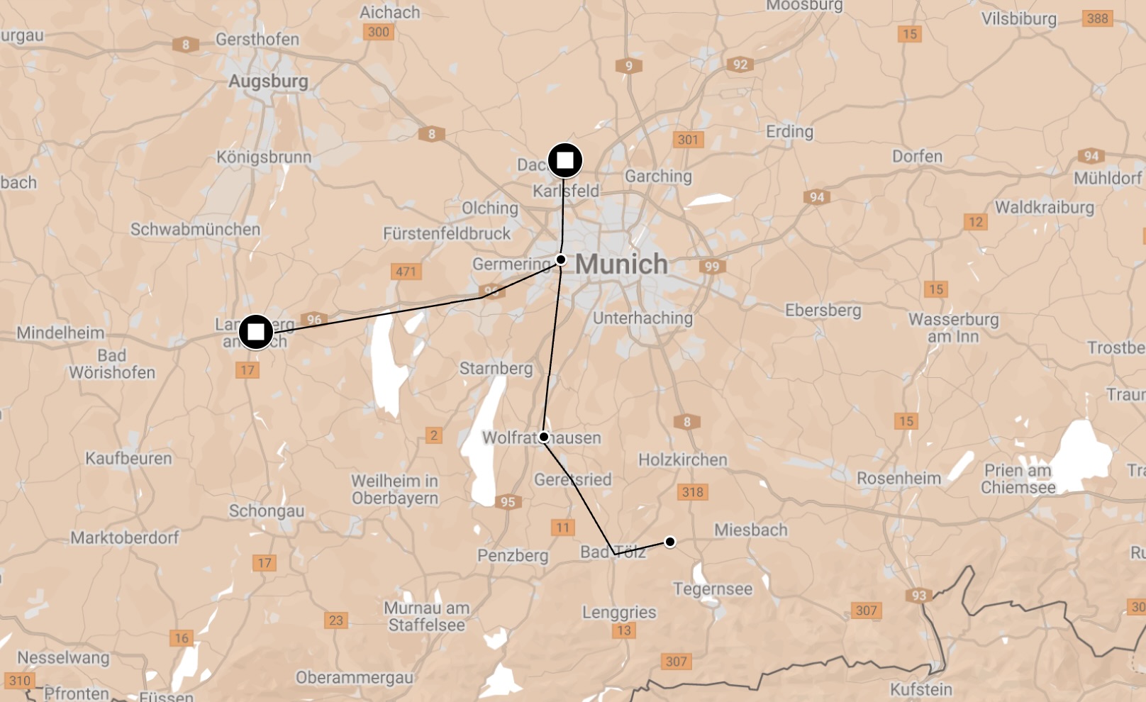 Map of Death March from Kaufering.