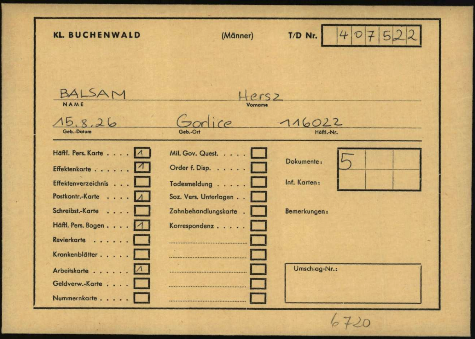 Harry Balsam Buchenwald concentration camp registration card.