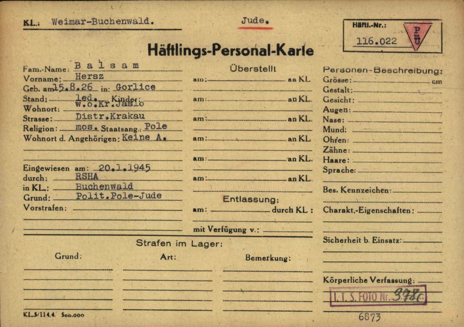 Harry Balsam Buchenwald concentration camp registration card.