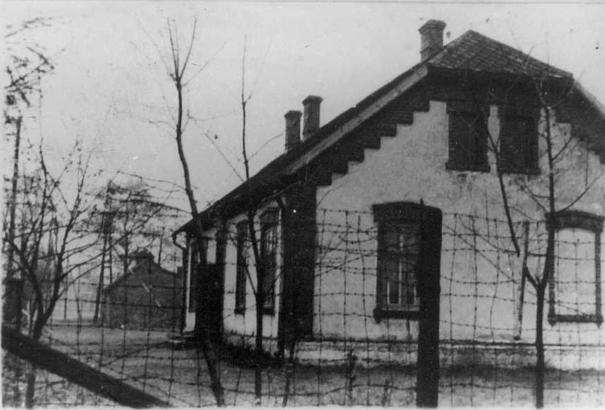 Photograph of Two of three buildings of the Budy subcamp of Auschwitz Birkenau. Picture taken shortly after WWII.