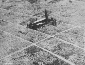 Photograph of the Warsaw Ghetto after the World War II. The surviving church is St Augustine.