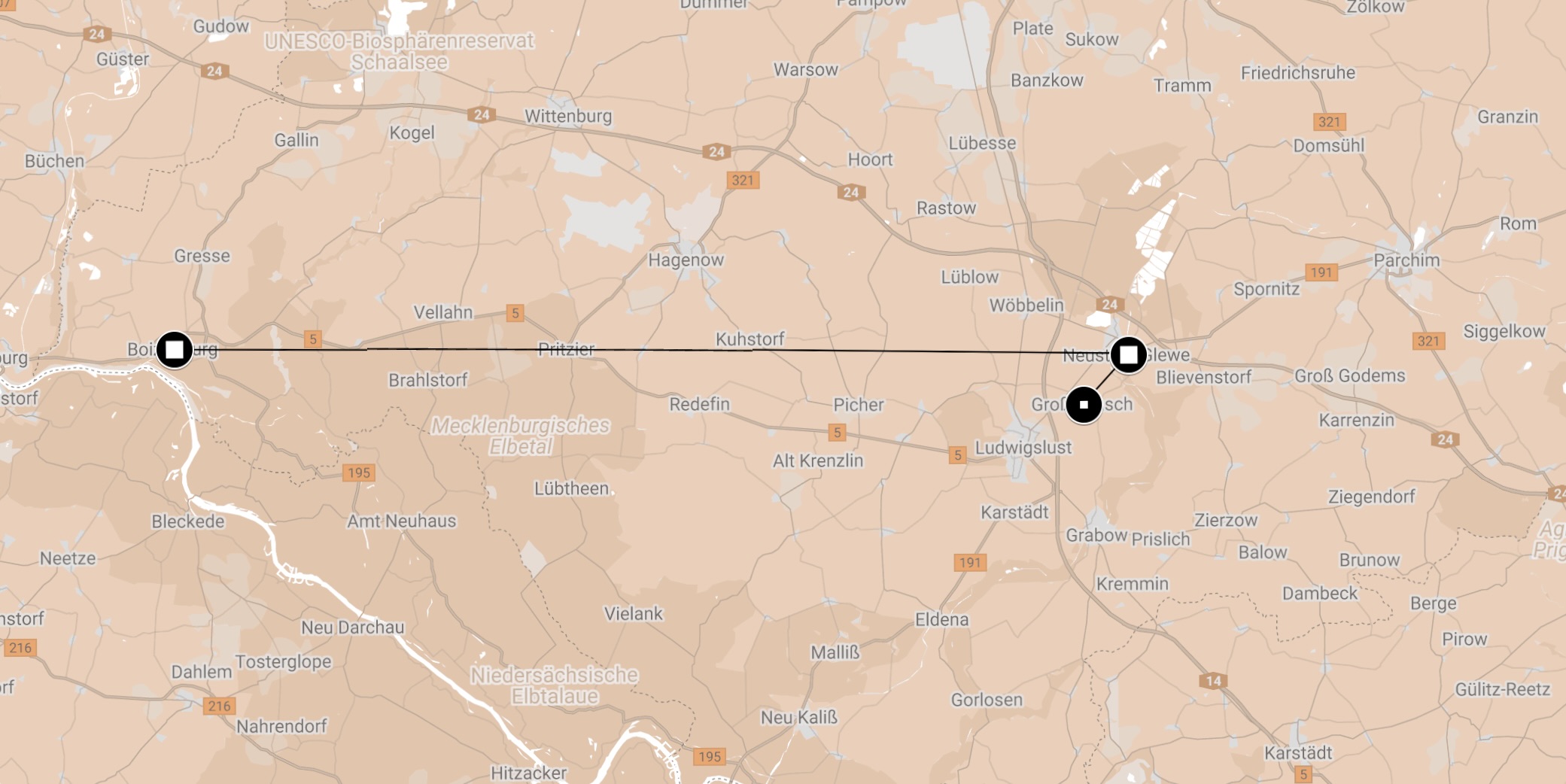Map of Death March from Boizenburg to Lugwiglust Wobbelin.