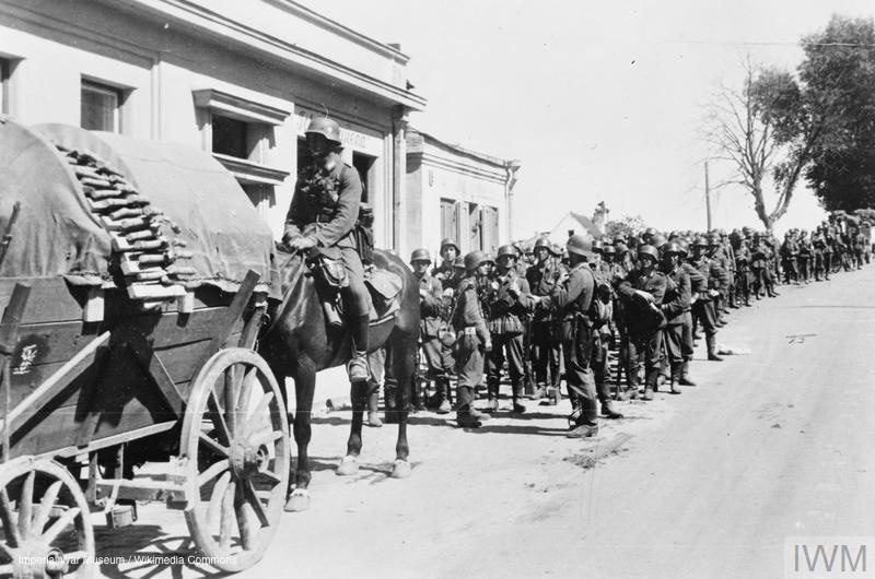 A photograph of the German invasion of the Soviet Union 1941. A column of German troops from the 44th Engineering Battalion in Kovno (now Kaunas) in Lithuania.