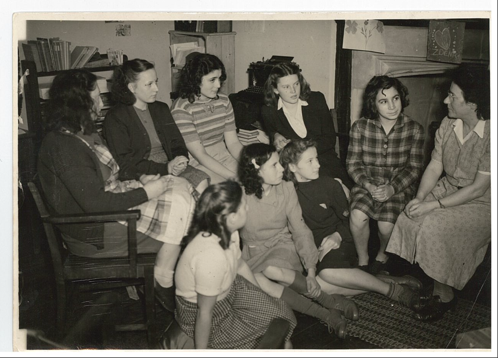Photograph of Girls with Alice Goldberg, right, in glasses. Renata Strauzs seated third from left. c.1946